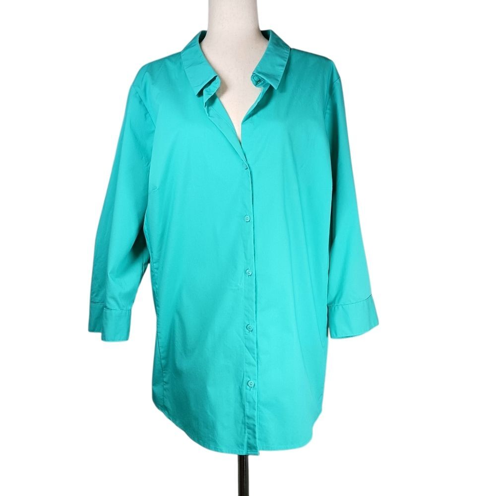 WORTHINGTON Button Down Blouse Classic Fit Cotton Blend ¾ Sleeve Teal Size 3X